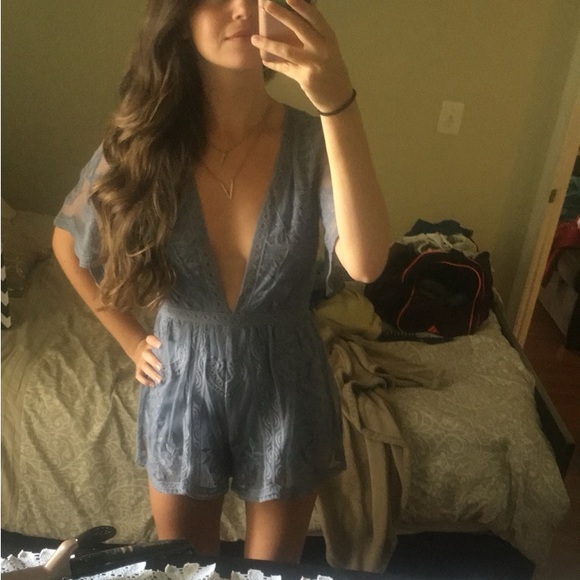 Mist blue lace romper by Honey punch - Picture 7 of 8